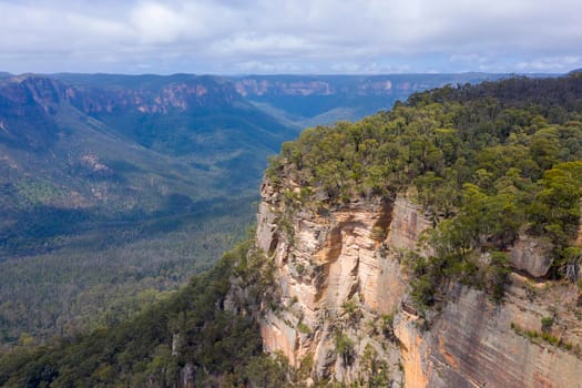 Aerial view of a cliff face in the Grose Valley near Blackheath in The Blue Mountains in regional New South Wales in Australia