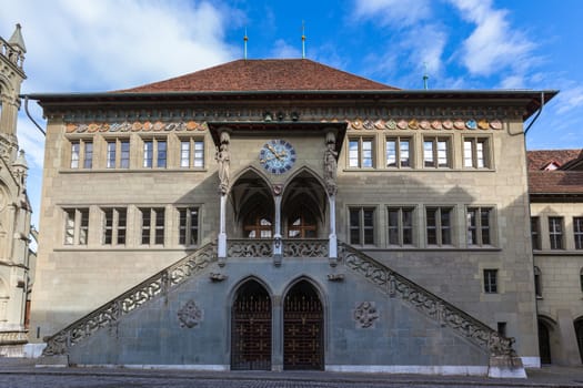 Close up view of the town hall of Bern in the old town of Swiss capital city Bern, on a sunny autumn day with blue sky and cloud, Bern, Switzerland