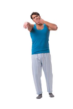 Man waking up with alarm clock isolated on white