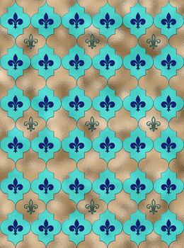 Lily fleur de Lis seamless pattern. Turquoise blue shiny gold pattern with heraldic symbol fleur-de-lis. Modern abstract pattern. 3D Illustration