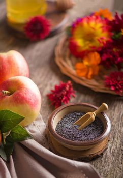 Apple and honey, traditional food. Selective focus. Copyspace background