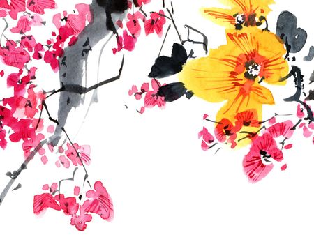 Watercolor and ink illustration of blossom sakura tree with pink flowers and buds. Oriental traditional painting in style sumi-e, u-sin and gohua.