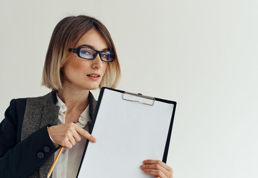White sheet of paper Business woman with documents in mockup folder. High quality photo