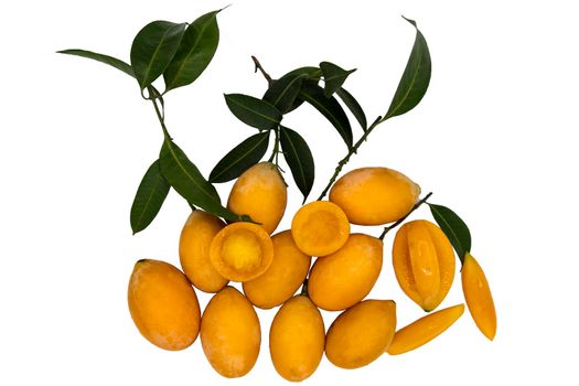 Fresh marian plums sweet yellow or mayong-chit with green leaf isolated on white background with clipping path. Concept of exotic tropical fruits, Top view, Selective focus.