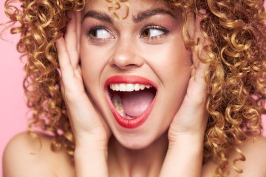 Charming model wide open mouth smile bright makeup cropped view