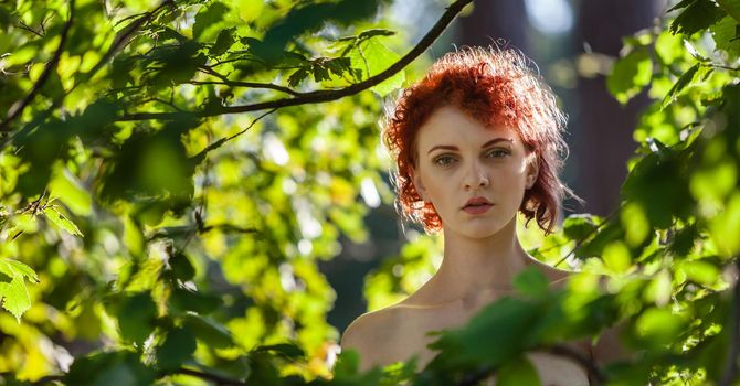 Portrait of a young red-haired woman among the foliage of trees illuminated by the suns rays