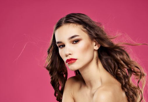 Attractive woman model brunette red lips cropped view. High quality photo