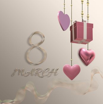 8th of March Women's Day elegant beautiful design template. Text 8 March made of golden shiny ribbon. Hanging gift box, 3D hearts on pastel gold background. 3D illustration