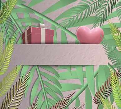 Gift box, pink heart on green tropical leaves background. Romantic love celebration. Hanging 3D gift present box, pink heart in paper strip. Mothers day, 8th March, Valentines, birthday, 3D render