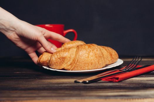 fresh croissants serving table breakfast dessert coffee. High quality photo