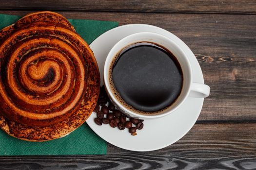 hot coffee in a box wooden table rest breakfast. High quality photo