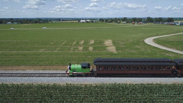 Ronks, Pennsylvania, June 2019 - Aerial View of Percy the Tank Engine Puffing and Steaming along the Countryside