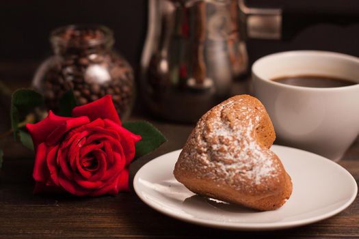 sweet biscuits plates green napkin wooden table coffee. High quality photo