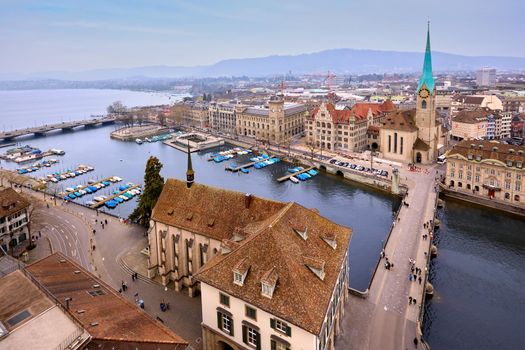 aerial view on Fraumunster Church and the Limmat river from Grossmunster, Zurich, Switzerland