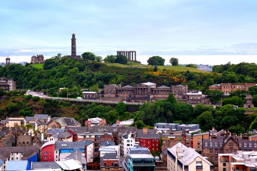 View on Calton Hill and Old Royal High School (also known as New Parliament House) from Holyrood Park, Edinburgh, Scotland, UK