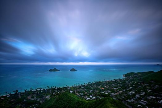 view from Pillbox Trail on Lanikai Beach and Mokulua Islands, Kailua, O'ahu, Hawai'i, USA