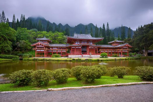 Beautiful Byodo-In Temple with the Koolau mountains in the Valley of the Temples, Oahu, Hawaii, USA