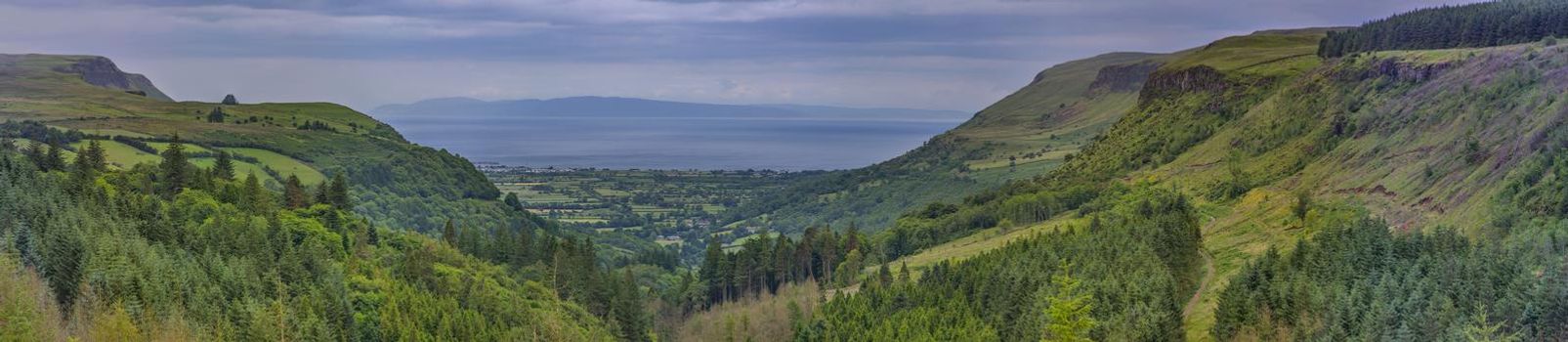 panoramic view on Glenariff known as Queens of the Glens and the biggest of the nine Glens of Antrim, County Antrim, Northern Ireland, UK