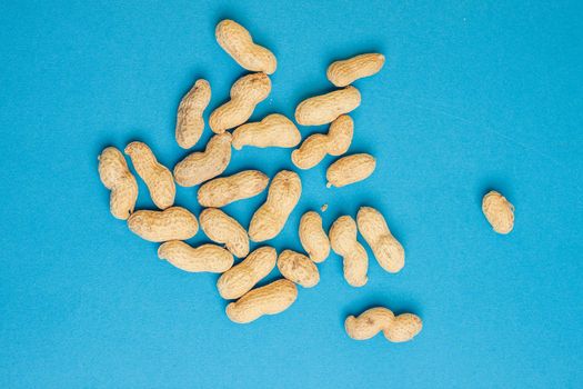 peanuts in shell blue background close-up top view. High quality photo