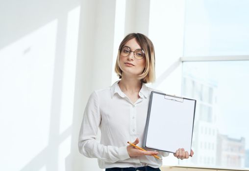 room finance woman business documents interior window. High quality photo