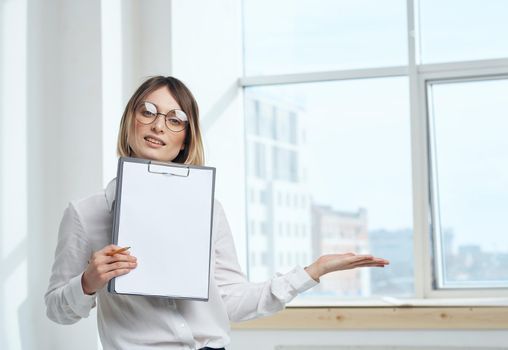 room finance woman business documents interior window. High quality photo