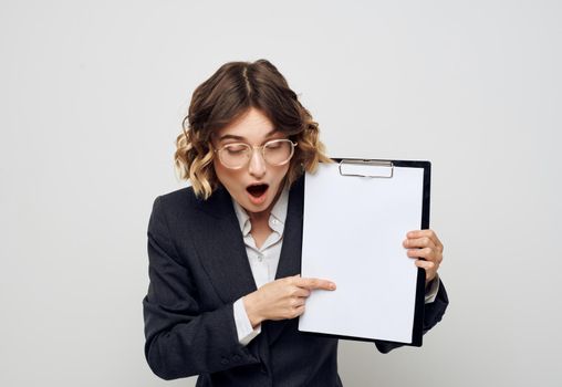 Business woman in classic suit blank paper documents mock up. High quality photo