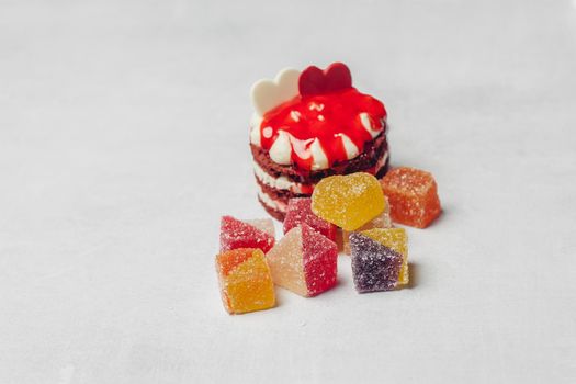cake with sweets sweets dessert delight snack light background. High quality photo