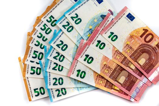50 20 10 euro banknotes fan out on white background