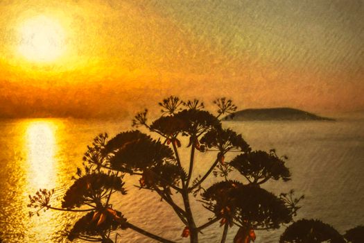 Plant silhouette with scenic sunset at sea. Greece. Digital paint.