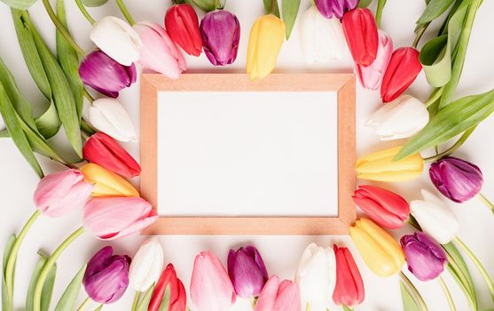 Frame mock up with beautiful colorful tulips on white background. Flat lay, top view.