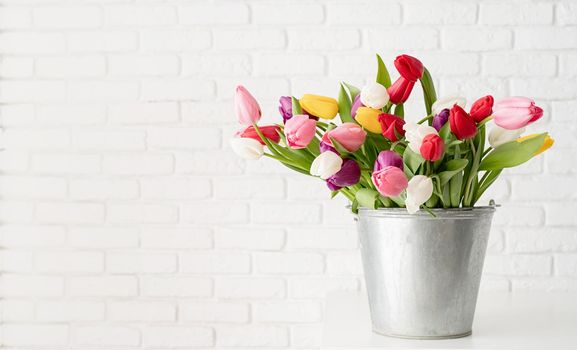 Bucket of fresh tulip flowers over white brick wall background