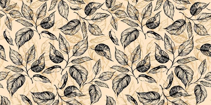 Floral seamless pattern with leaves in grayscale and golden foiled contour on beige. Hand drawing. Background for title, blog, decoration. Design for wallpapers, textiles, fabrics, wrappings.