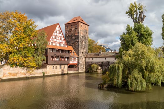 Pegnitz river in Nuremberg,  Bavaria, Germany  in autunm with multicolored trees