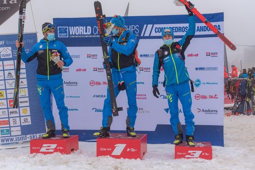 Arinsal, Andorra: 2021 March 6: EYDALLIN Matteo, ANTONIOLI Robert and MAGNINI Davide ITA   in the podium ISMF WC Comapedrosa 2021 Andorra. Individual Race