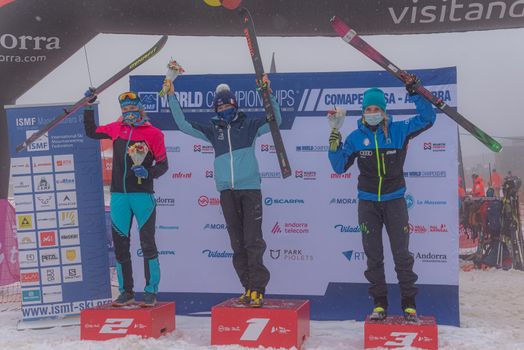 Arinsal, Andorra: 2021 March 6: DE GACHET MOLLARET Axelle FRA, ALEXANDERSSON Tove SWE and DE SILVESTRO Alba ITA in the podium ISMF WC Comapedrosa 2021 Andorra. Individual Race Woman