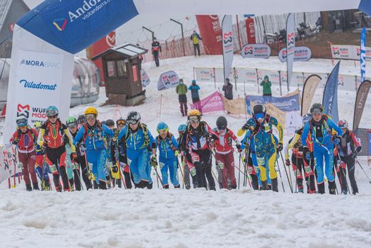 Arinsal, Andorra: 2021 March 6: Start of the race in ISMF WC Comapedrosa 2021 Andorra. Individual Race Woman