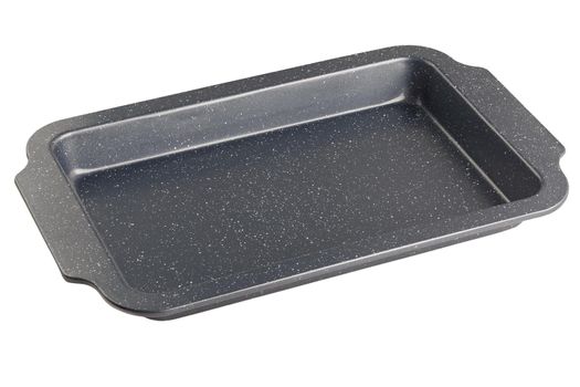 cheap thin oven-tray isolated on white background, new and empty