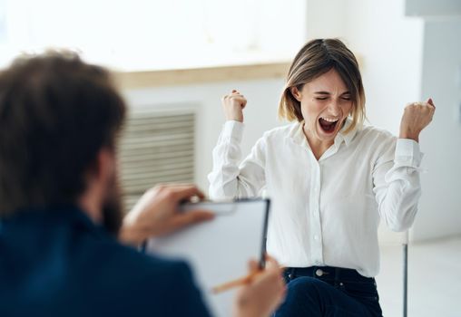 male doctor psychologist records consultation female patient. High quality photo