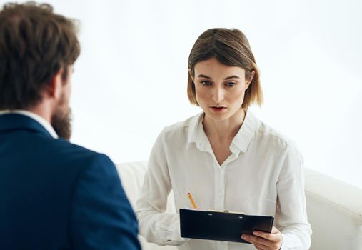 woman and man suit documents communication work . High quality photo