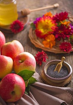 Apple and honey, traditional food. Selective focus. Copyspace background