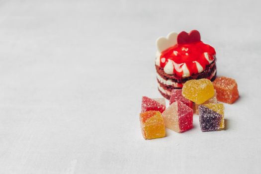 red round cake marmalade sweets on a plate for tea dessert. High quality photo