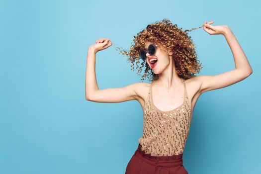 Beautiful woman curly hair fun smile fashion bright makeup isolated background