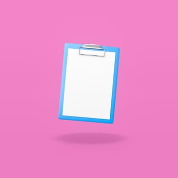 Blue Clipboard with a White Blank Sheet Paper on Flat Purple Background with Shadow 3D Illustration