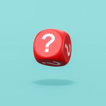 One Single Red Dice with Question Mark on Every Face Isolated on Flat Blue Background with Shadow 3D Illustration