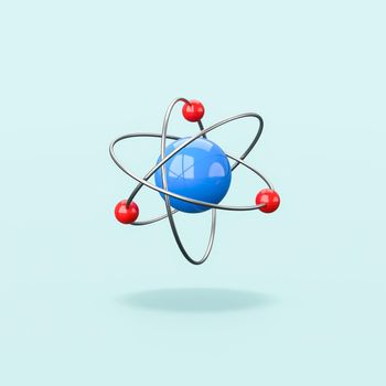 3D Atom Symbol Structure Isolated on Flat Blue Background with Shadow 3D Illustration