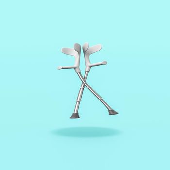 Pair of Crutches Isolated on Flat Blue Background with Shadow 3D Illustration