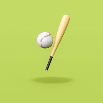 Baseball Bat and Ball Isolated on Flat Green Background with Shadow 3D Illustration