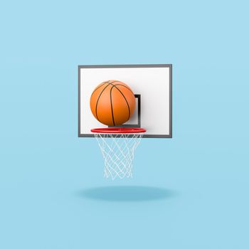 Basketball Ball Entering in the Basket Isolated on Flat Blue Background with Shadow 3D Illustration, Goal or Success Concept