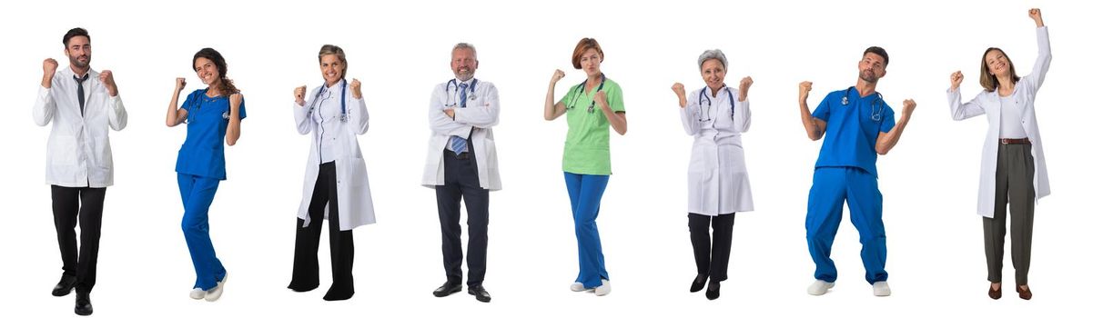 Collection of full length portraits of medical doctors cheering with raised hands and holding fists. Design element, studio isolated on white background