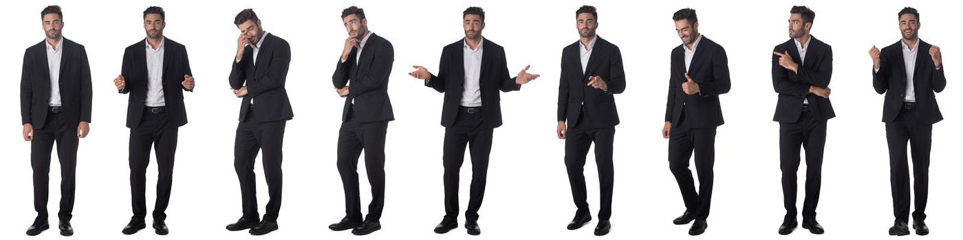 Set of young business man portraits doing different gestures isolated on white background